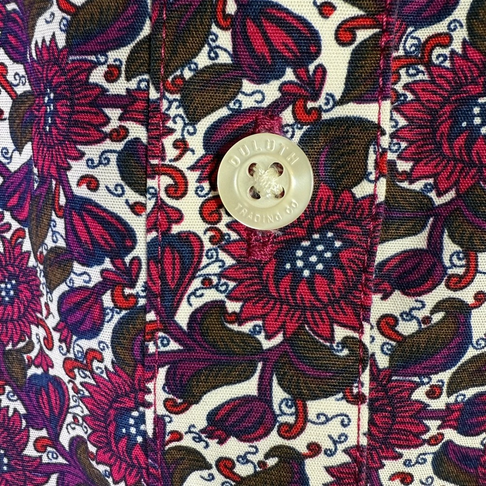 Duluth Trading Co Womens Burgundy Floral Button Up Tunic Blouse L Cotton Stretch - Picture 7 of 11